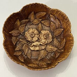 Vintage molded resin wood bowl, floral design hand carved look